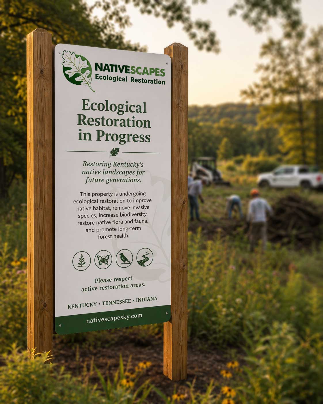 EcoRestoration Sign for Kentucky forest with cedar posts NativeScapes